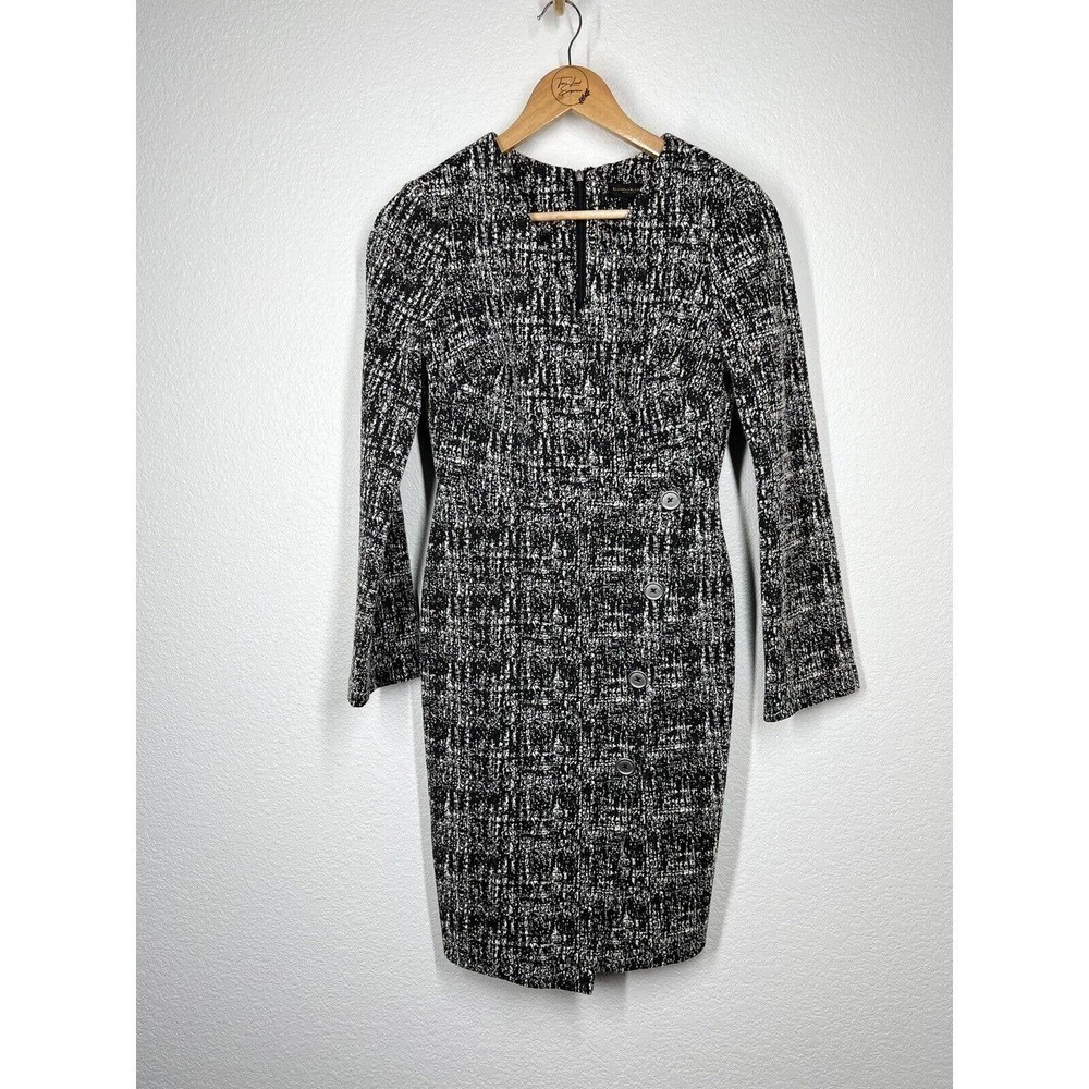 Donna Karan Jacquard Knit Faux Wrap Sheath Dress Size 2 Black White